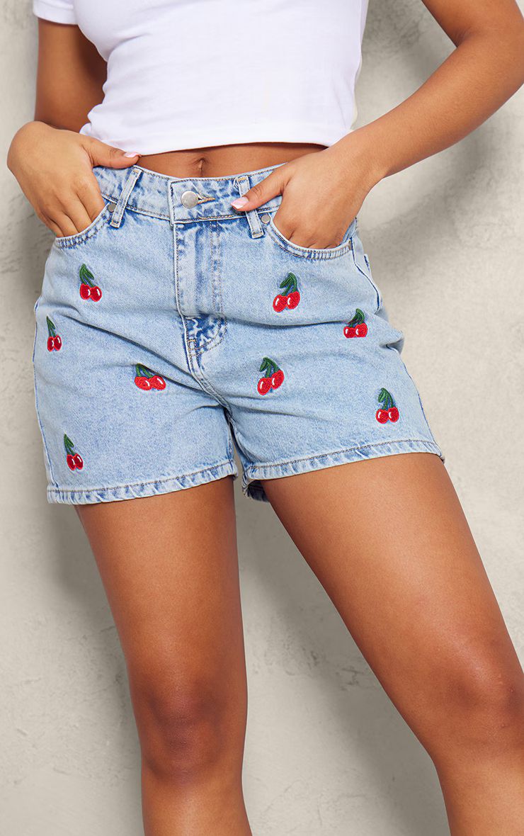 Mid Blue Wash Cherry Embroidered Shorts | PrettyLittleThing UK