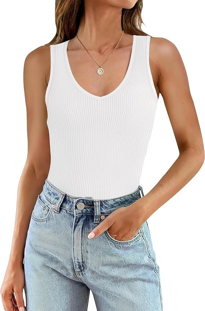 WIHOLL Womens Ribbed Tank Tops 2024 Summer V Neck Slim Fitted Tops Casual Basic Knit Sleeveless S... | Amazon (US)
