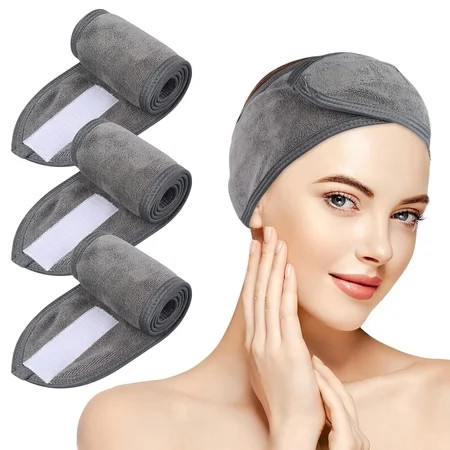 Spa Facial Headband Adjustable Towel Headband Make Up Wrap Head Band for Face Washing, Shower, Yoga Sports 3 Pack Gray | Walmart (US)