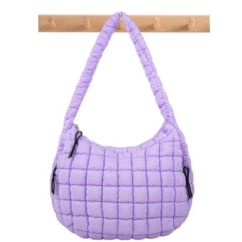 Quilted Puffer Tote Bag Large Crossbody Shoulder Bag with Zipper, Nylon Bubble Hobo Bags Travel Top Handle Handbag for Women, Oversized Padding Quilted Bag Soft Large Carryall Bag (Purple) | Amazon (US)