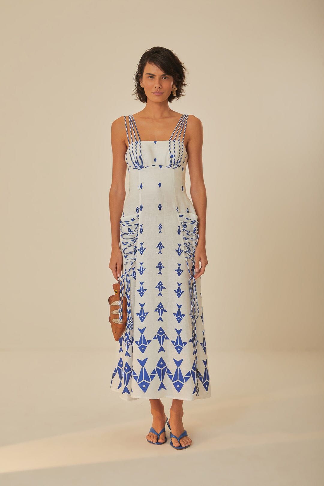 Off-White Graphic Fishes Euroflax™ Premium Linen Maxi Dress | FarmRio