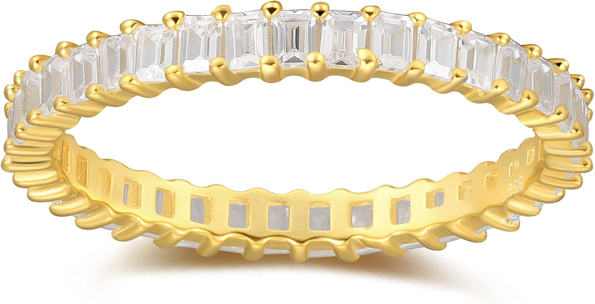 18K Gold Plated Dainty Vertical Baguette Eternity Band | CZ Stacking Ring in Gold | Womens Gold S... | Amazon (US)