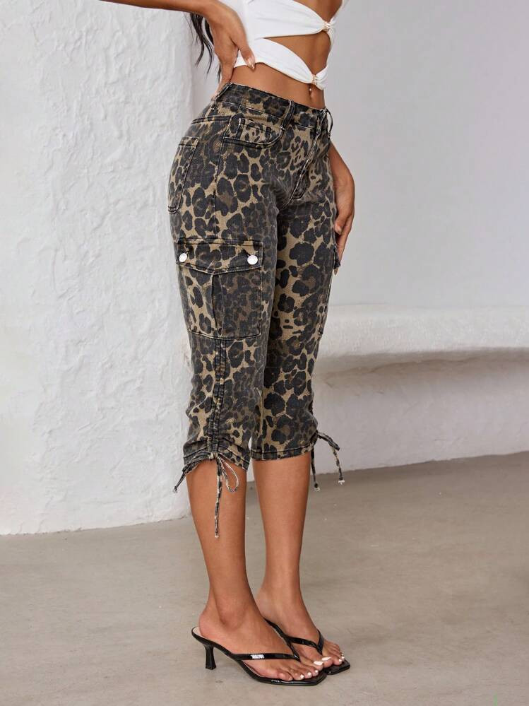 Jeanoix Women's Casual Leopard Print Drawstring Detail 3/4 Length Denim Pants, Summer | SHEIN