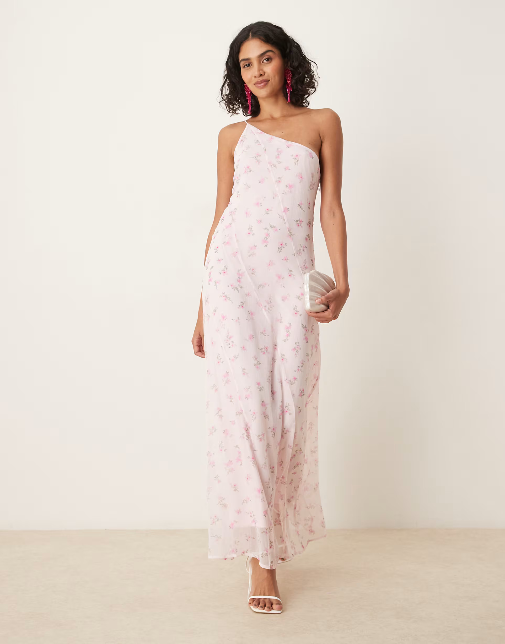 Vila one shoulder maxi dress in pink ditsy floral | ASOS (Global)