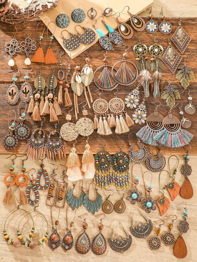 TopHanqi 7/11/15/21 Pairs Random Bohemian Geometric Tassel Earrings Set, Fabric Wrapped Wire Rhinestone Metal Dangle Earrings Combo, Versatile For Daily, Work, Party Wear | SHEIN