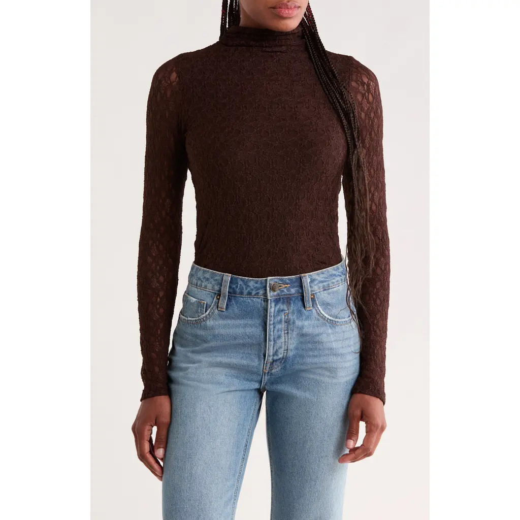 NORDSTROM RACK Lace Long Sleeved Mock Neck Top in Brown Coffee at Nordstrom Rack, Size X-Small | Nordstrom Rack
