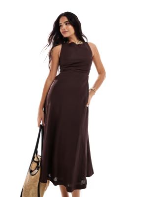 Forever New cross back linen midaxi dress in brown | ASOS (Global)