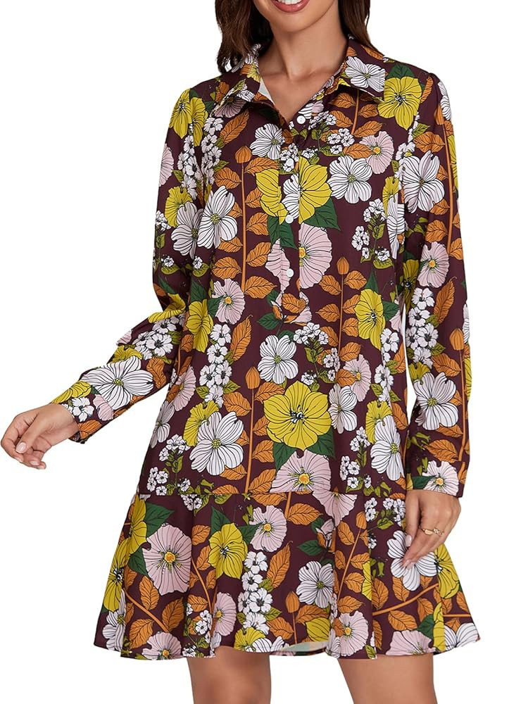 Women‘s Tunic Shirt Mini Dress Long Sleeve Cotton Short Dress Button Up Ruffle Hem Shift Dresse... | Amazon (US)