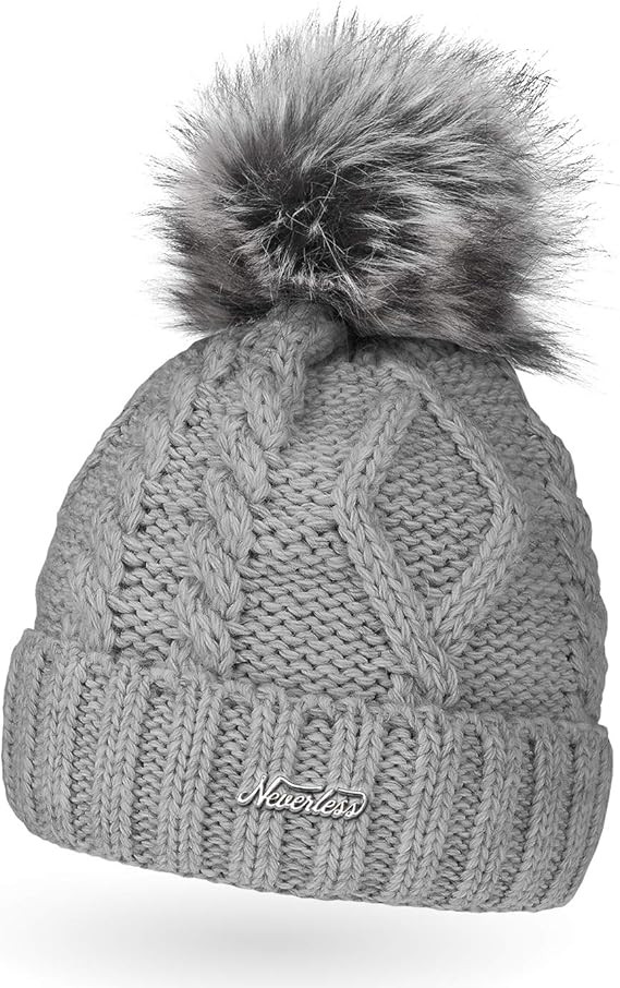 Neverless gefütterte Damen Strickmütze mit Fell-Bommel und Fleece-Futter, Kunstfell, Winter-Mü... | Amazon (DE)