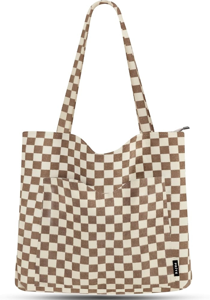 Prite Corduroy Tote Bag for Women Large Shoulder Bag with Zipper and Pockets for College Work Tra... | Amazon (US)