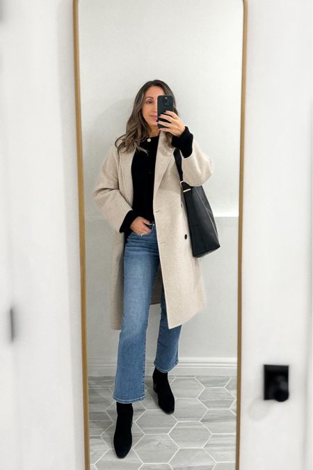 This coat was excluded from
Cyber sales (this color) but it’s part of the 30% off right now. The fit is just oversized enough and it drapes beautifully. Code MANGO30 (off orders $240+)
Jeans tts 
I sized up in sweater for roomier fit. 
Boots old Aquatalia. 

#LTKSeasonal #LTKsalealert #LTKover40