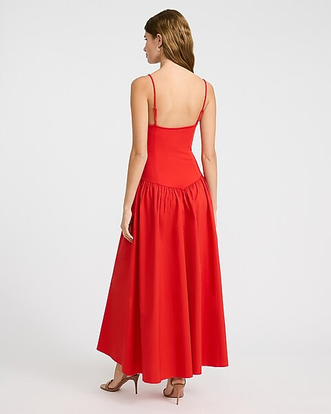 Mixed Media V-Neck Drop Waist Midi Dress with Pockets | Express