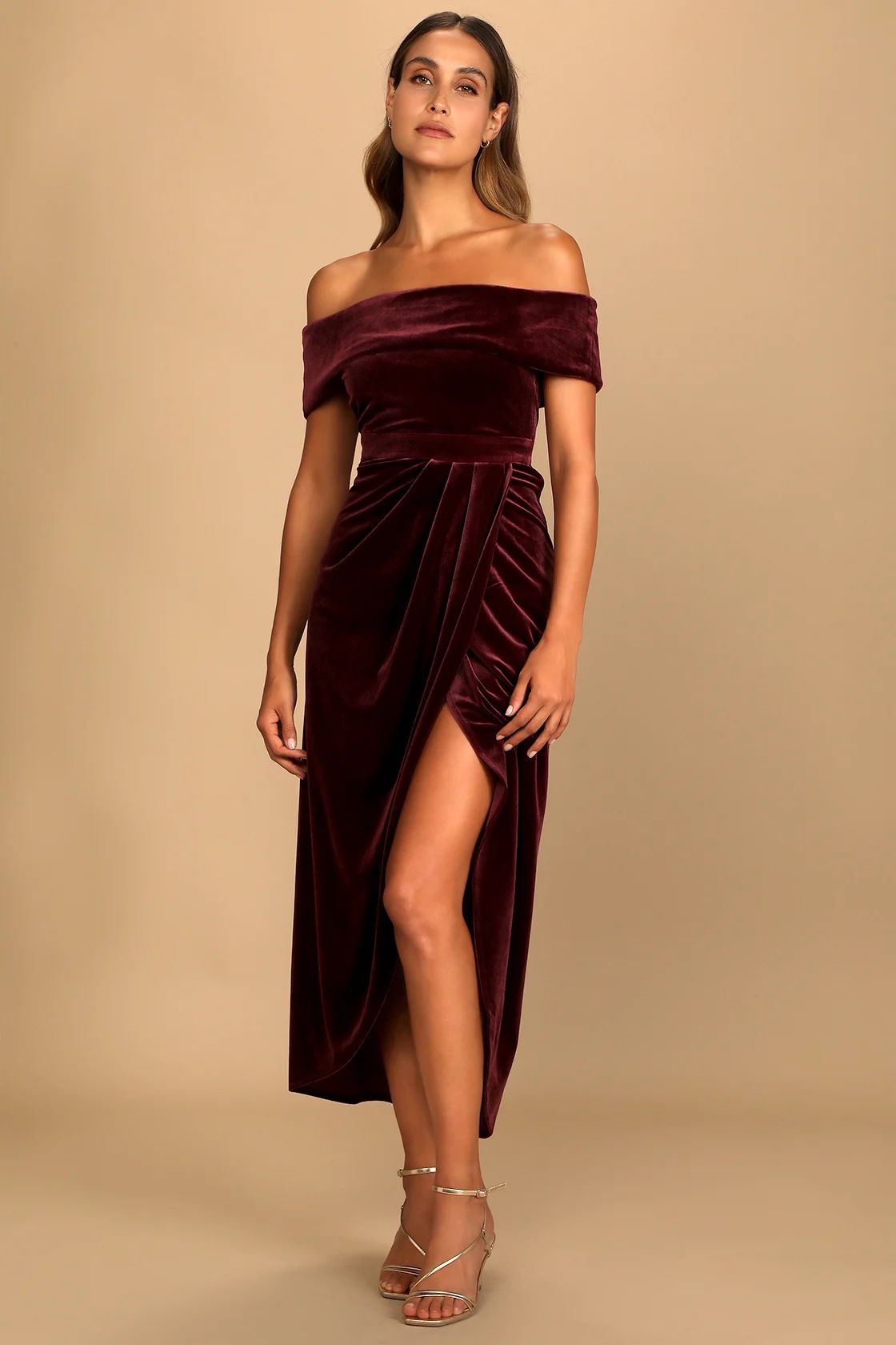 I'm Enchanted Burgundy Velvet Off-the-Shoulder Maxi Dress | Lulus