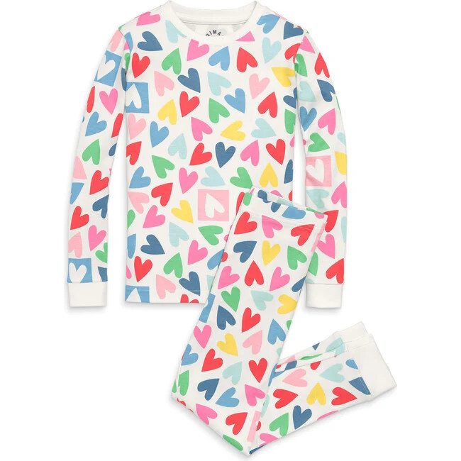 Primary | Kids Organic Long Sleeve Pajama Set In Rainbow Candy Hearts | Organic Cotton (Cream, Size 8Y) | Maisonette | Maisonette