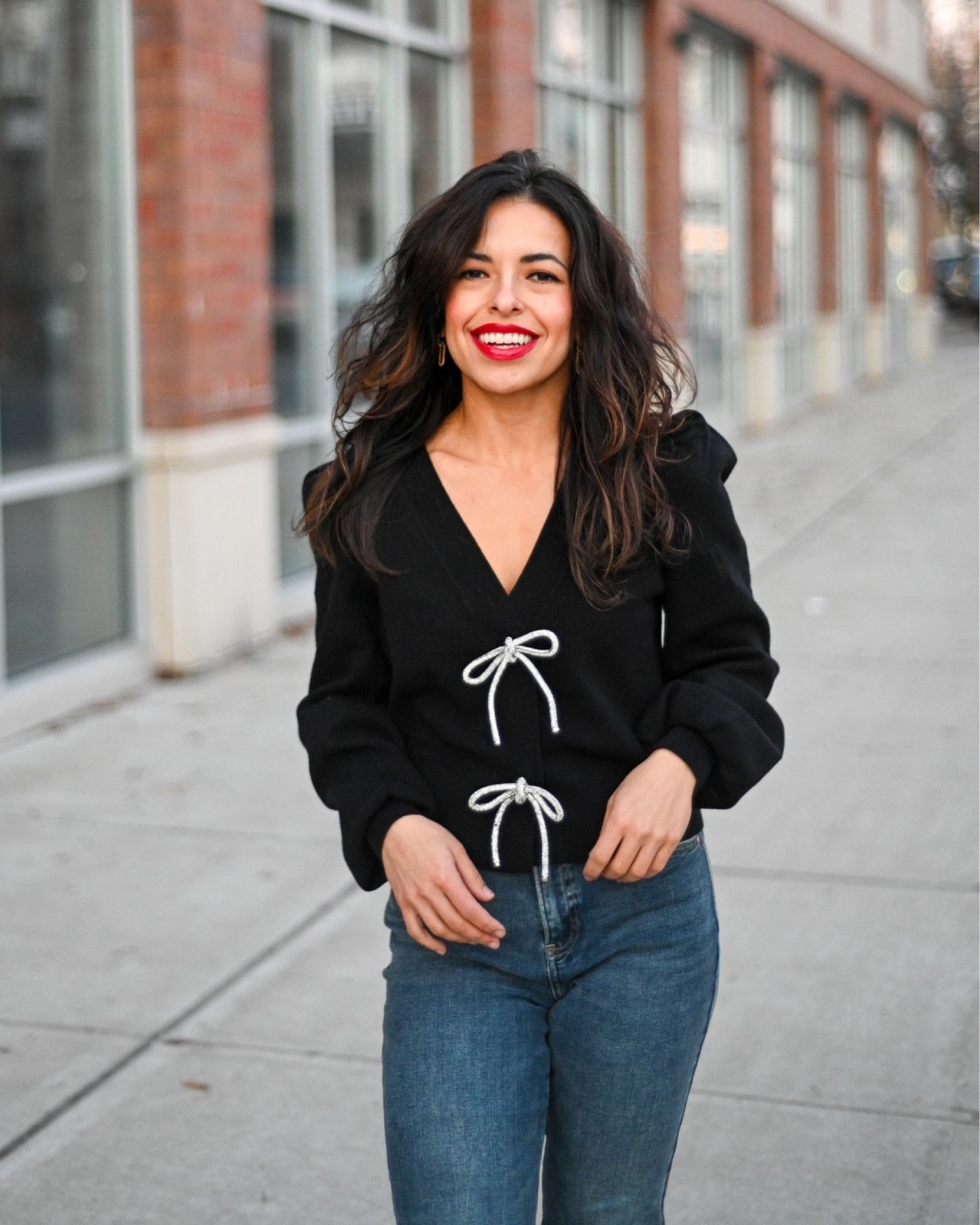 Cozy sweater with rhinestone details and dark denim jeans for the holidays! All from Express. Jeans are petite size small. Top size small. 5ft tall 

#LTKSeasonal #LTKCyberWeek #LTKHoliday