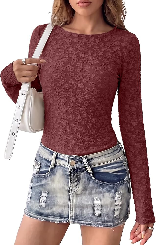 Sidefeel Womens Lace Long Sleeve Tops Sheer See Through Shirts Mesh Blouses | Amazon (US)