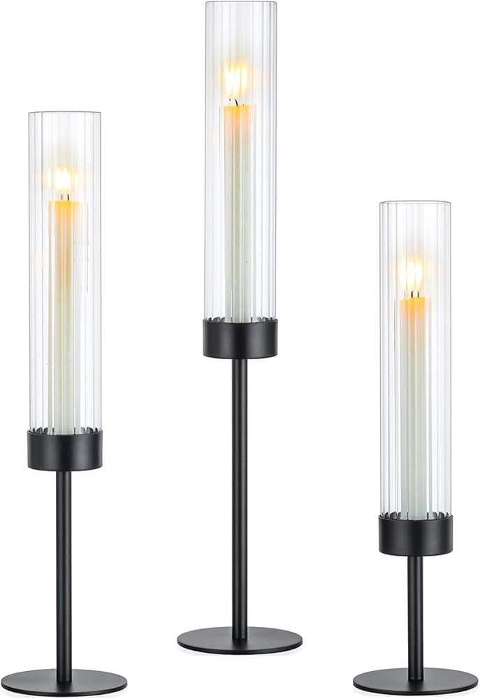 Hewory Black Taper Candle Holders: Candlestick Holders Set of 3 Hurricane Glass Tall Candle Holde... | Amazon (CA)