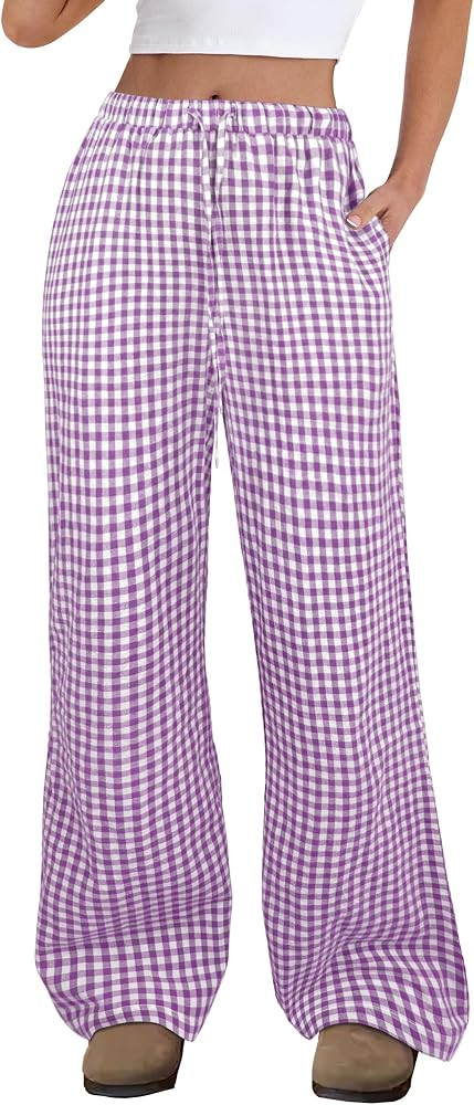 ANRABESS Women's Striped Gingham Pants 2026 Spring Pajama Lounge Boxer Pants Casual Wide Leg Draw... | Amazon (US)