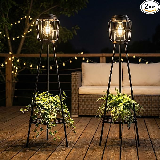 VISFLAIR 2 Pack Solar Lights with Plant Stand, Outdoor Floor Lamp, Waterproof Solar LED Edison Bu... | Amazon (US)
