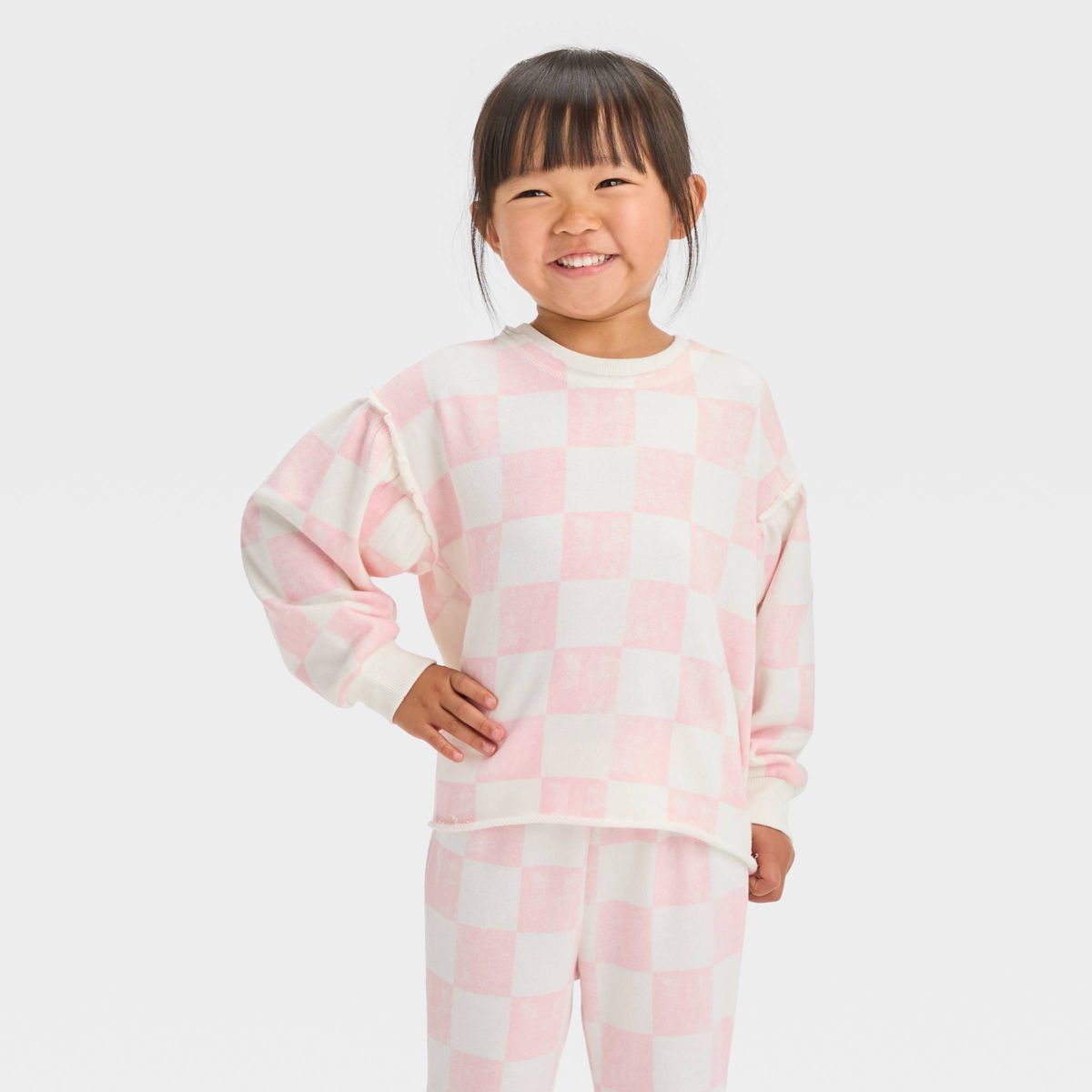 Grayson Mini Toddler Girls' Checkered French Terry Puff Sleeve Crewneck Sweatshirt - Pink | Target