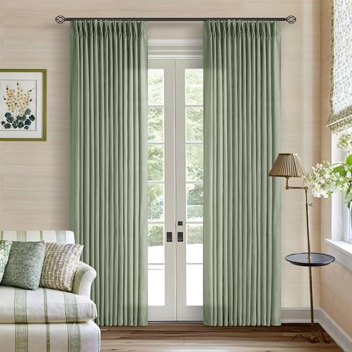 Sage Green Linen Curtains Pinch Pleated 84 Inches Long for Living Room Bedroom Pleat with Rings Back Tab Semi Sheer Curtains 84 Inch Length 2 Panels Set Light Filtering Farmhouse Drapes Light Green | Amazon (US)