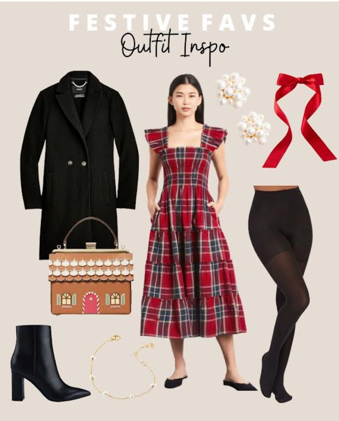 Festive Holiday outfit: Tartan nap dress, black overcoat, pearl cluster stud earrings, red satin hair bow, black sheer tights, decorative gingerbread handbag, black heeled booties, pearl bracelet 

#LTKSeasonal #LTKcurves #LTKHoliday