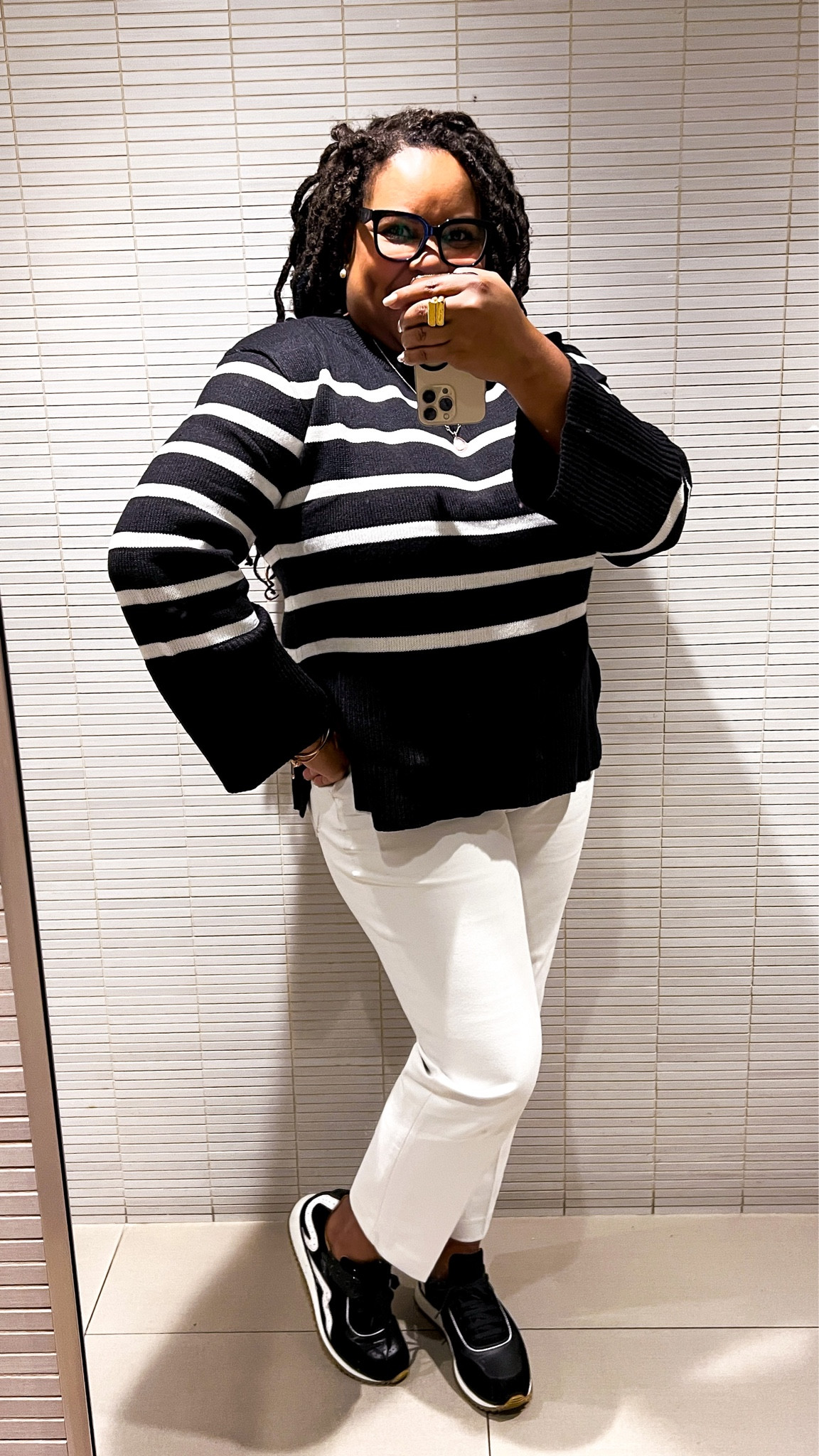 OOTD High contrast! I love a stripe no matter the season. Patranila wears black and white striped sweater from Amazon (XL), white Spanx pants (1X) and black and white suede sneakers by The Office of Angela Scott. Jewelry by Monica Vinader.

midsize outfit, elevated casual outfit, midsize style, Amazon Find, fall outfit, black and white outfit  #LTKfindsunder50 #LTKfindsunder100 

#LTKSeasonal #LTKmidsize #LTKover40