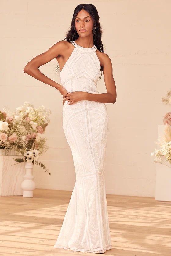 Tell Me Everything White Beaded Sequin Halter Maxi Dress | Lulus (US)