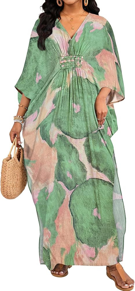 Bsubseach Plus Size Kaftan Dresses for Women V Neck Swimsuit Coverup Floral Print Caftan Maxi Bea... | Amazon (US)
