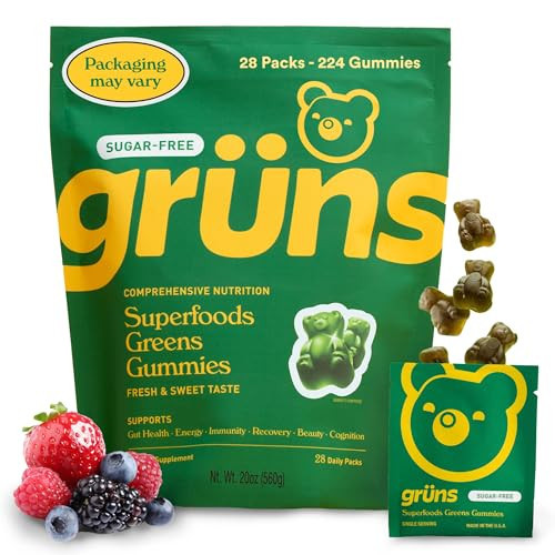 Gruns Adult Sugar-Free Super Greens Gummies, Superfood Gummy Bears with Spirulina, Chlorella, Fiber & Prebiotics for Digestive Health, Adaptogens Supplement with 20 Vitamins & Minerals, 28 Packets | Amazon (US)