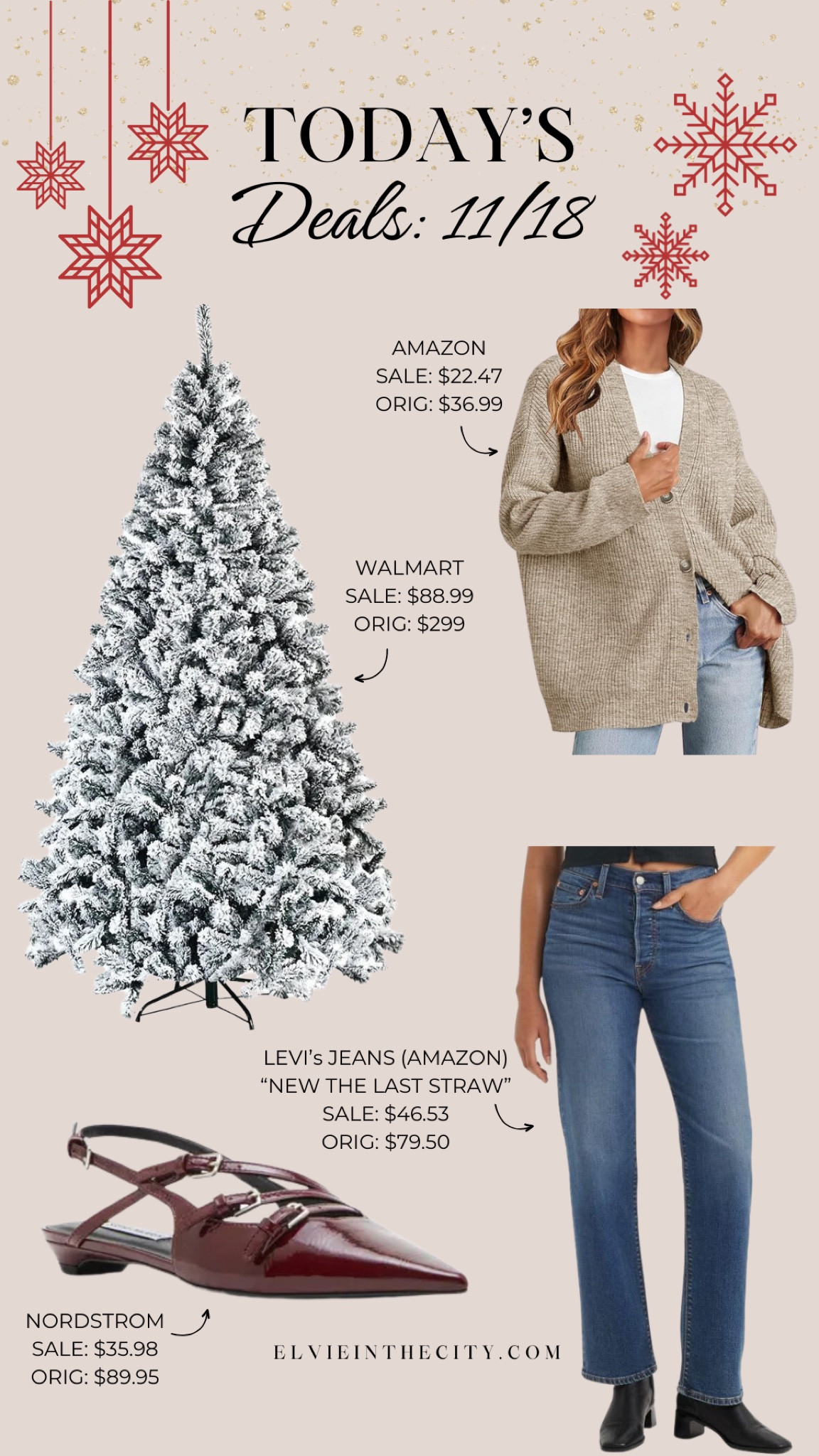 Today’s deals include a 7.5’ flocked tree from Walmart, an oversized cardigan from Amazon (click the coupon for the full savings), burgundy Steve Madden flats from Nordstrom, and Levi’s straight jeans from Amazon (color is New the Last Straw).

Deal of the day, fashion over 40, fashion over 50, midlife fashion, affordable fashion

#LTKStyleTip #LTKFindsUnder50 #LTKOver40
