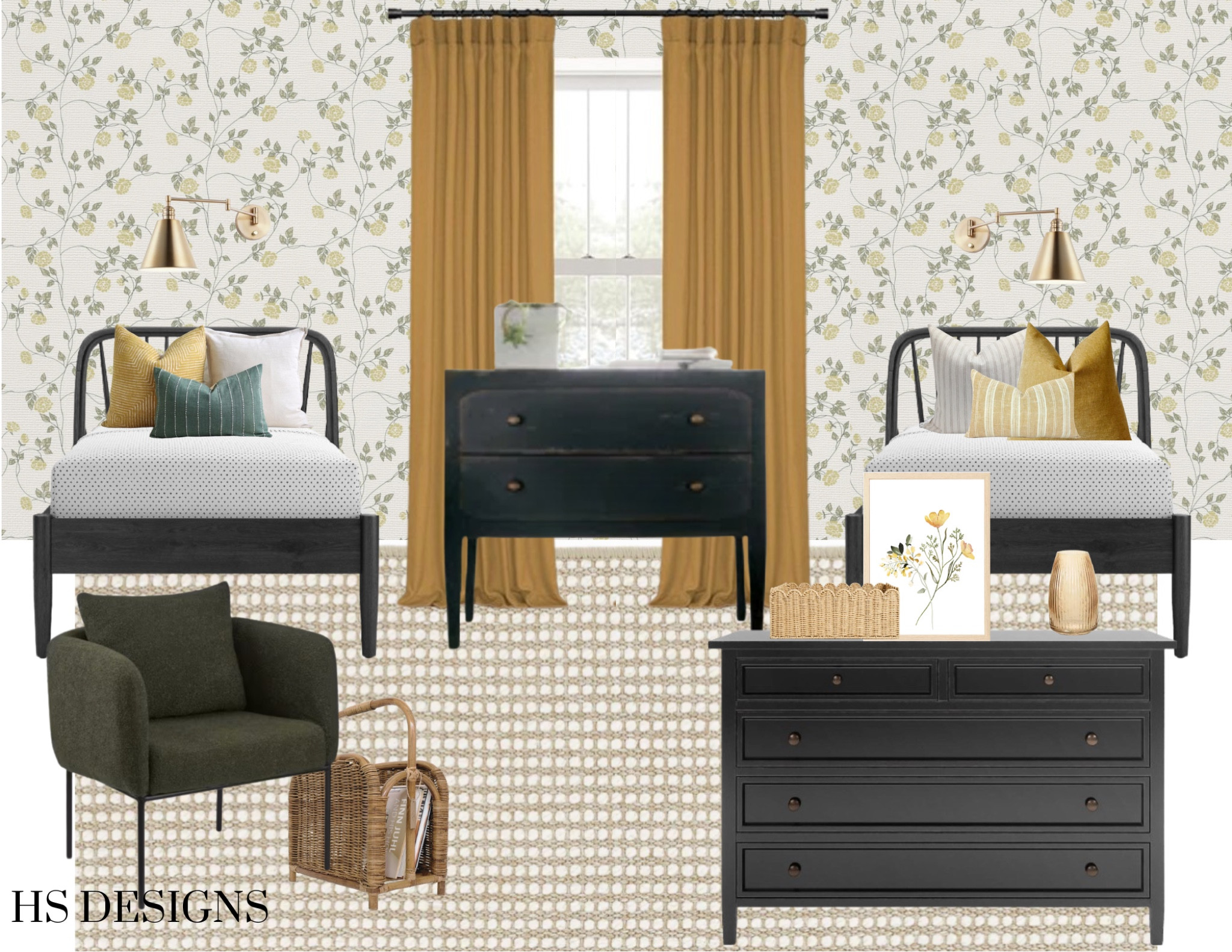 Teen shared bedroom 🌼 wildflower, teen, shared, antique, black, wallpaper, yellow, golden 

#LTKhome #LTKstyletip #LTKkids