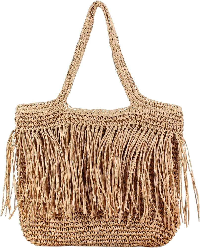 Woven Straw Tote Bag with Fringe Overlay and Zipper Closure for Summer Beach Outings and Everyday... | Amazon (US)