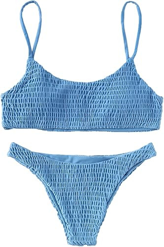 Verdusa Women's 2 Peices Bathing Suit Smocked Wireless Bikini Bandeau Top Thong Swimsuit | Amazon (US)