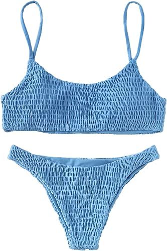 Verdusa Women's 2 Peices Bathing Suit Smocked Wireless Bikini Bandeau Top Thong Swimsuit | Amazon (US)