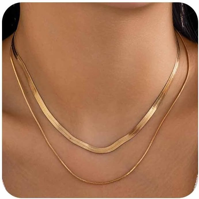 Kewjig 2PCS Herringbone Necklace for Women, Dainty 14K Gold Necklace for Women Layered Snake Chai... | Amazon (US)