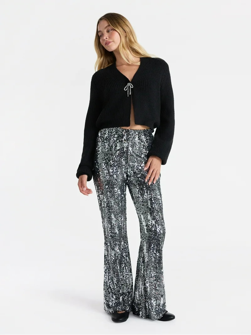 No Boundaries Sequin Flare Pants, Women's and Women's Plus | Walmart (US)