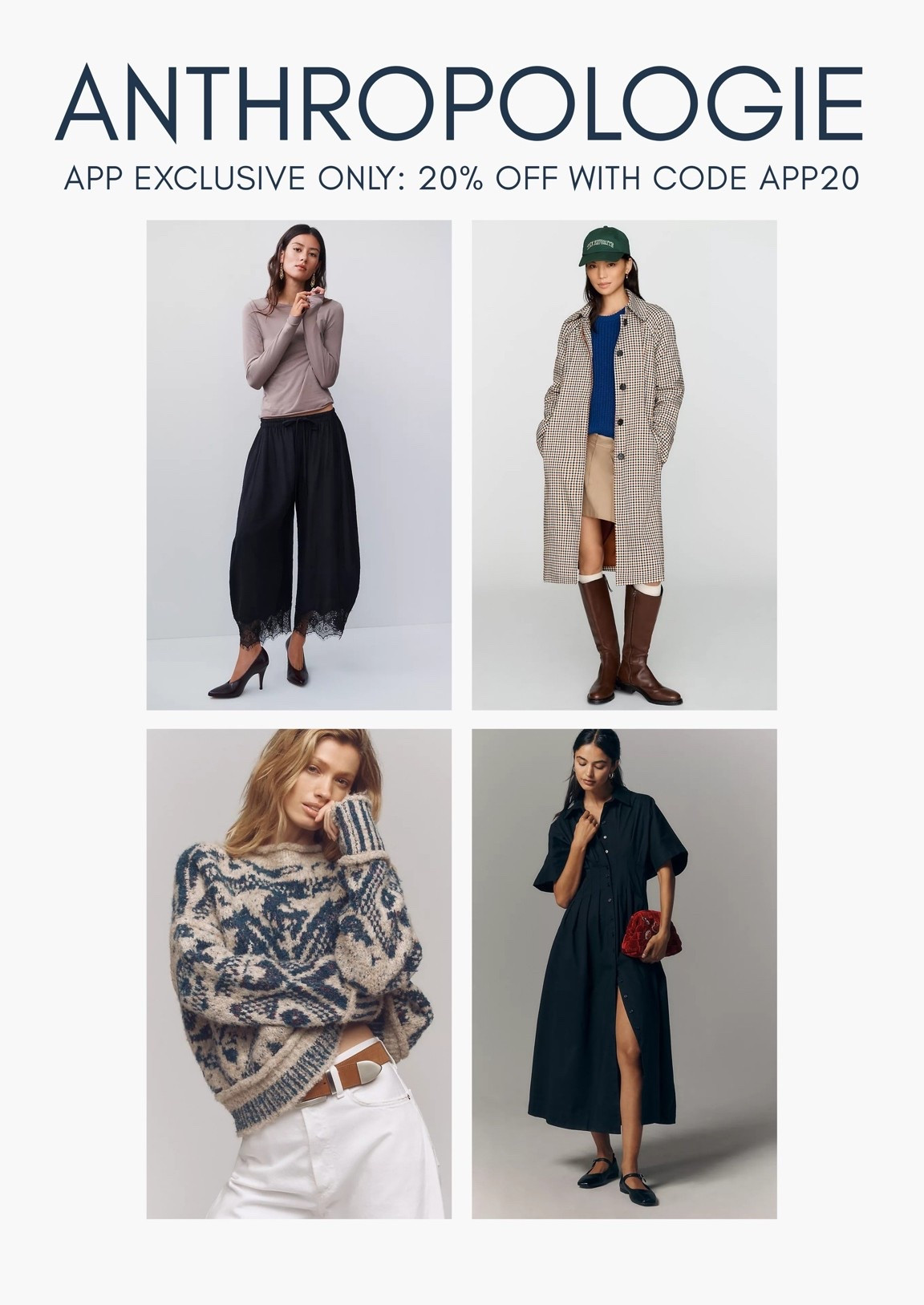 [9/30/26] @Anthropologie 20% off in APP only!! Code APP20. Linking favorites on sale! 

* Discount taken in cart with promo code APP20. Excludes sale, MOTHER Denim, Collections, wedding gowns, food, select brands and products, and the purchase of gift cards. Cannot be combined with other promotions.

#LTKSaleAlert #LTKPetite #LTKSeasonal