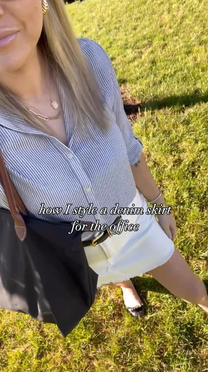How I style a denim skirt for the office - go with white for a dressier feel, pair with a professional top and polished accessories. For my business casual dress code this was a perfect warm weather outfit. This one from Good American had the perfect amount of stretch to be super comfortable but still flattering. I love the color too, it’s just a bit off white, which I feel heightens the look  

#LTKStyleTip #LTKWorkwear #LTKMidsize