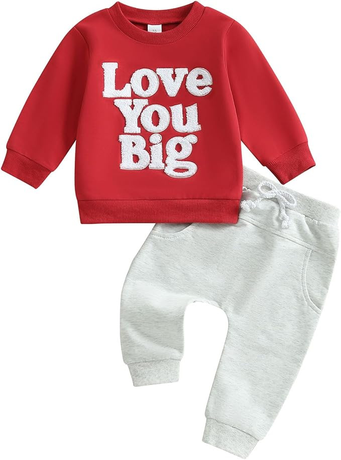 NZNDSHD Valentines Day Baby Boy Outfit Letter Embroidered Long Sleeve Sweatshirt Heart Print Pant... | Amazon (US)