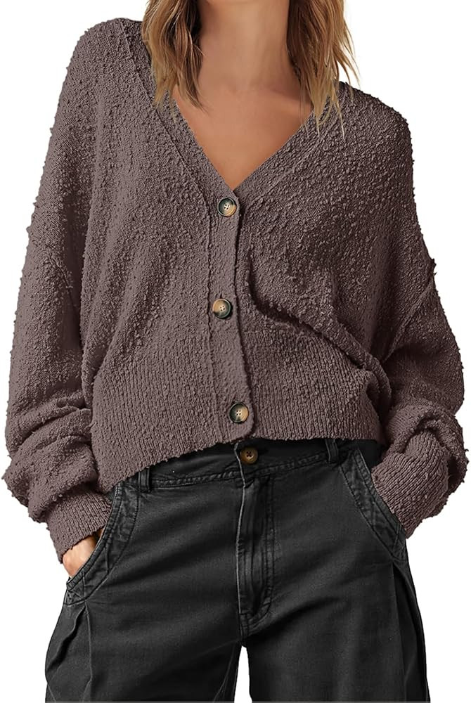 MEROKEETY Womens Cropped Long Sleeve Button Open Front Sweater Oversized Knit Cardigan Outwear Co... | Amazon (US)