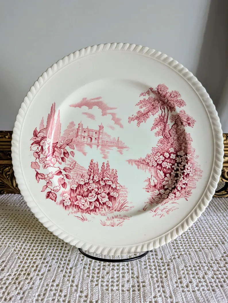 Vintage Johnson Bros Pink Red Transferware Castles on the Lake 10" Rimmed Plate, Plate Wall, Gall... | Etsy (US)