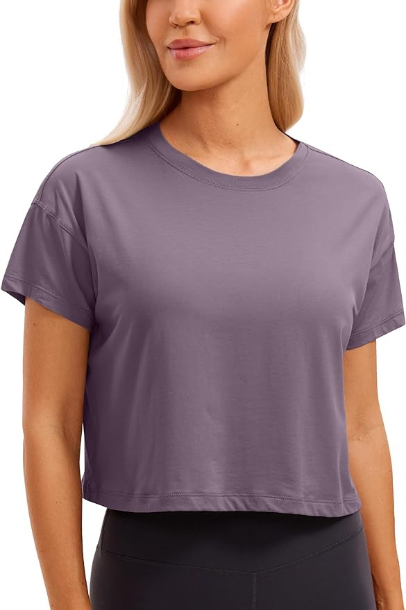 CRZ YOGA Women's Pima Cotton Workout Short Sleeve Shirts Loose Athletic Crop Tops Gym Casual Crop... | Amazon (US)