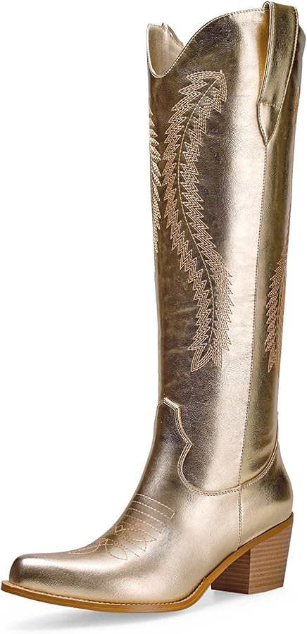 Women's Metallic Knee High Cowboy Boots Embroidered Tall Western Cowgirl Boots Almond Pointed Toe... | Amazon (US)
