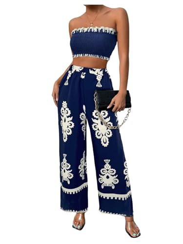 WDIRARA Women's 2 Piece Outfits Sleeveless Strapless Smocked Crop Tube Top and Graphic Wide Leg Pants Set Deep Blue Medium | Amazon (US)