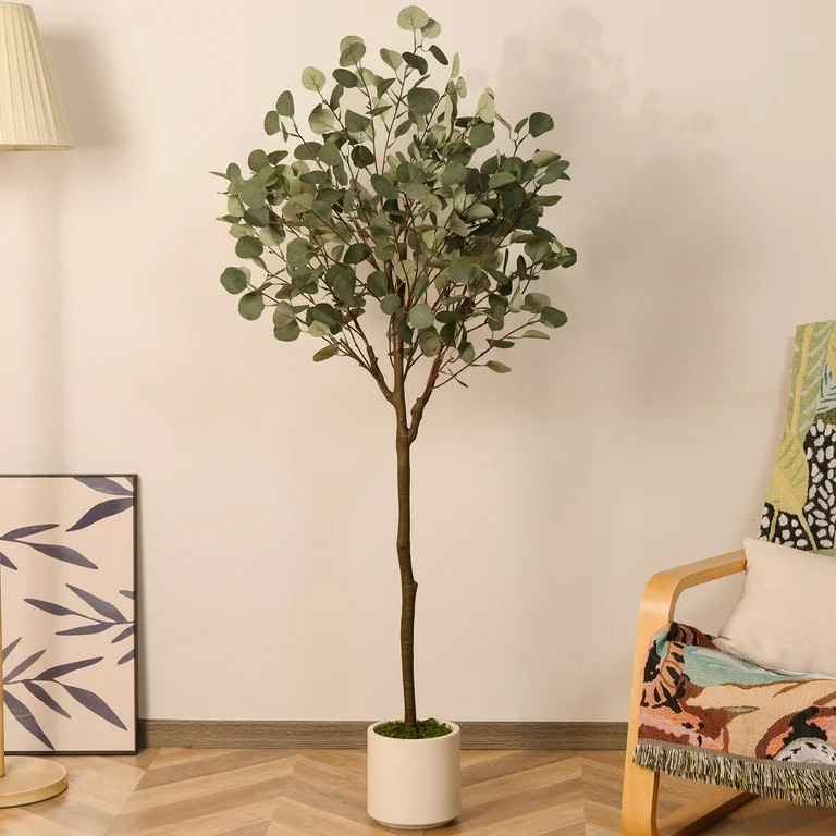 Artificial Tree 5FT Tall Faux Eucalyptus Plant with White Planter Fake Greenery Potted Plant for ... | Walmart (US)