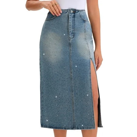 DARING DIVA Women s Midi Denim Skirt Side Split Rhinestone Jean Skirts X-Large Gray Blue | Walmart (US)