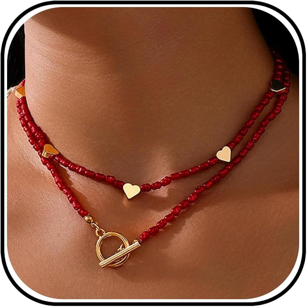 Red Beaded Necklace for Women Choker Layered Stack Dainty Statement Western Boho Trendy Necklaces... | Amazon (US)