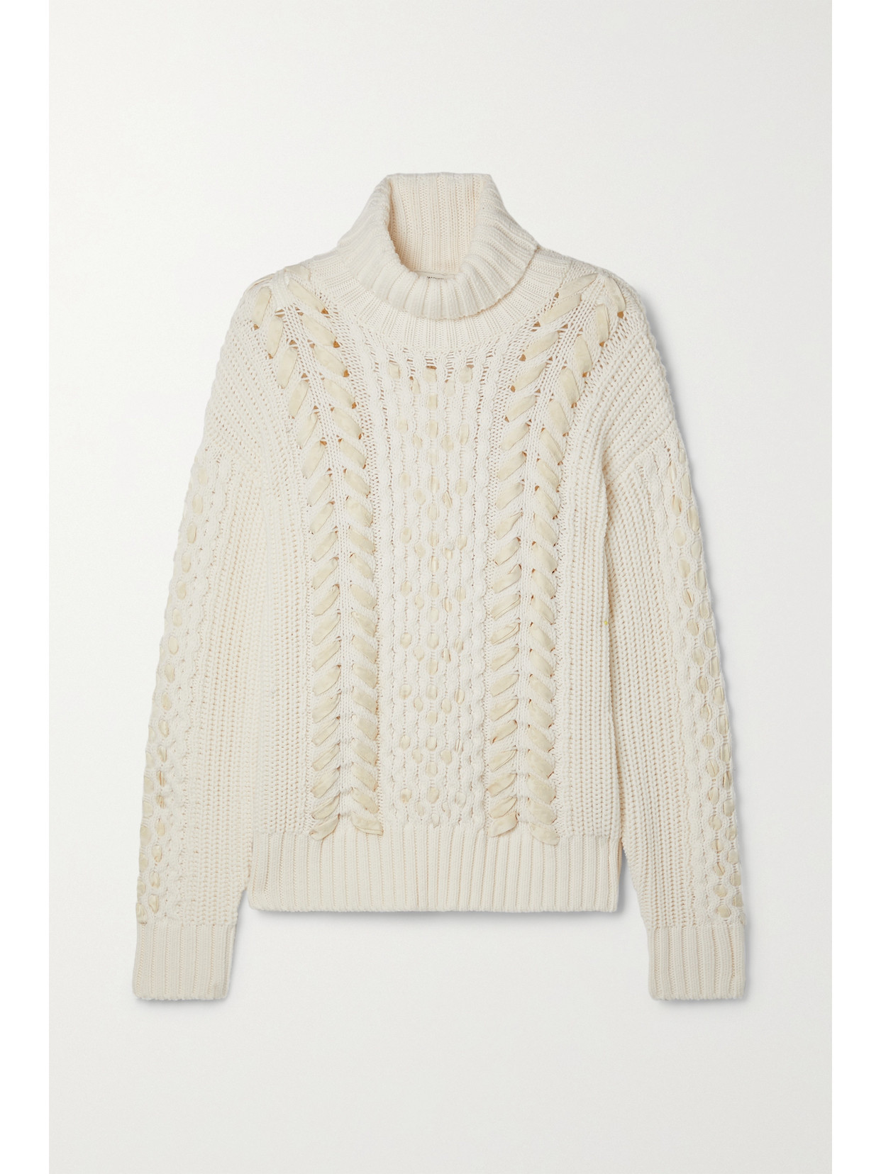 Jason Wu - Satin-jacquard Trimmed Cable-knit Merino Wool Turtleneck Sweater - Off-white | NET-A-PORTER (UK & EU)