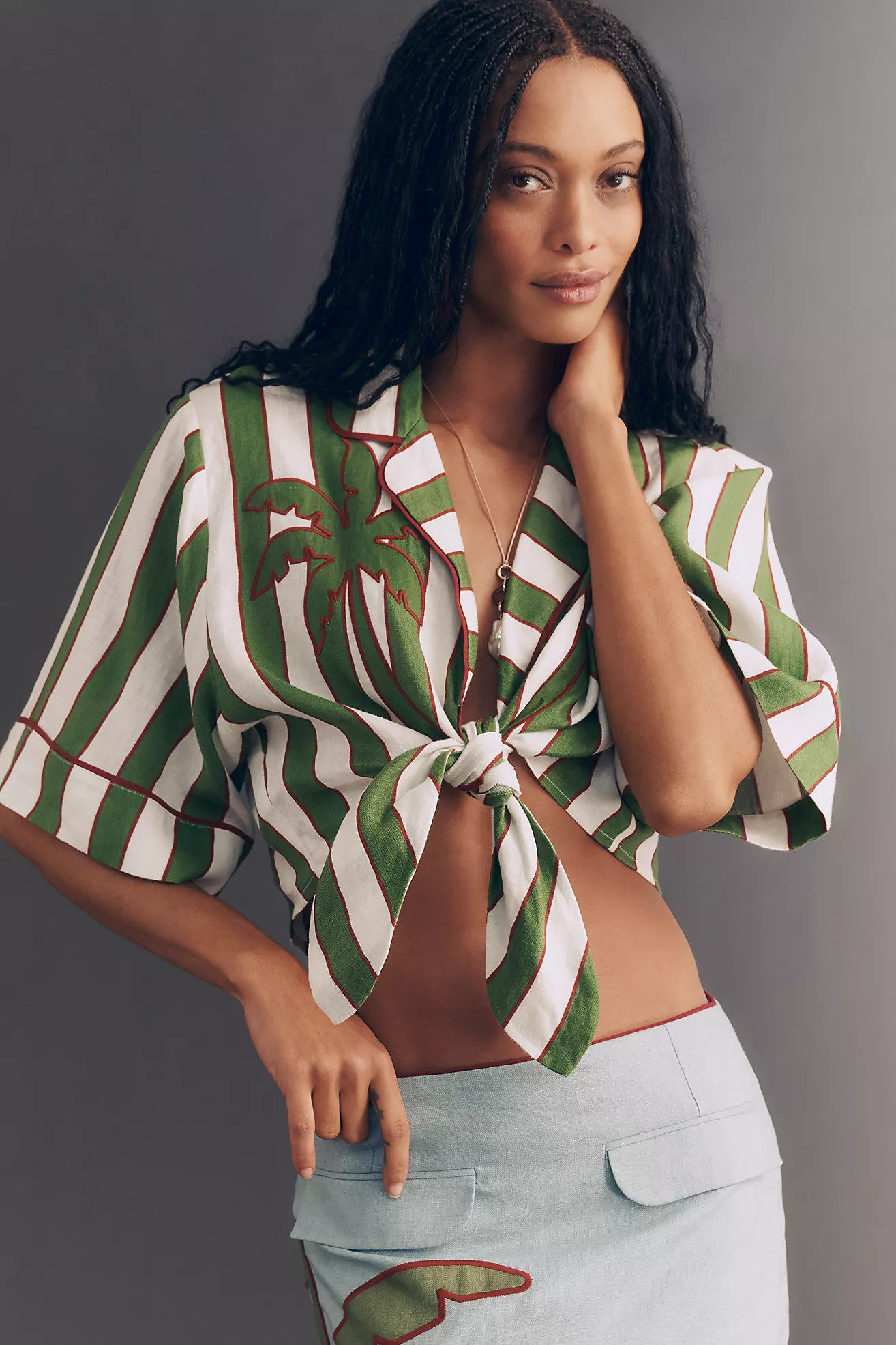 Farm Rio Spring Stripes Tie-Front Linen Top | Anthropologie (US)